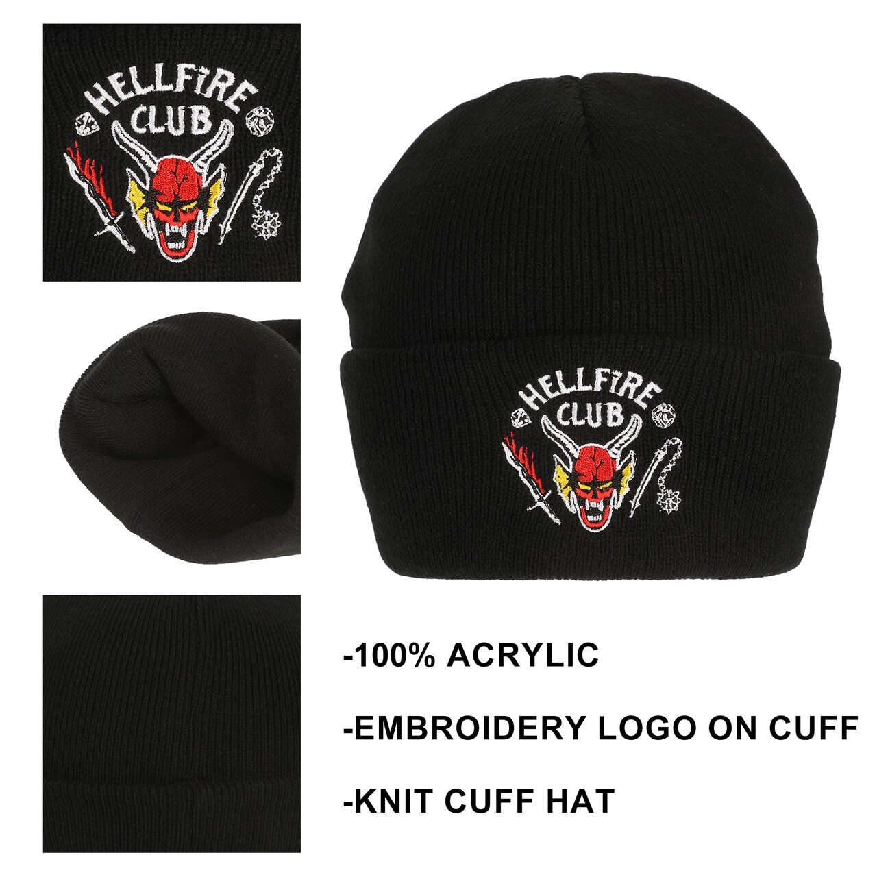 Stranger Things Hellfire Club Embroidery On Black Acrylic Knit Cuff Beanie